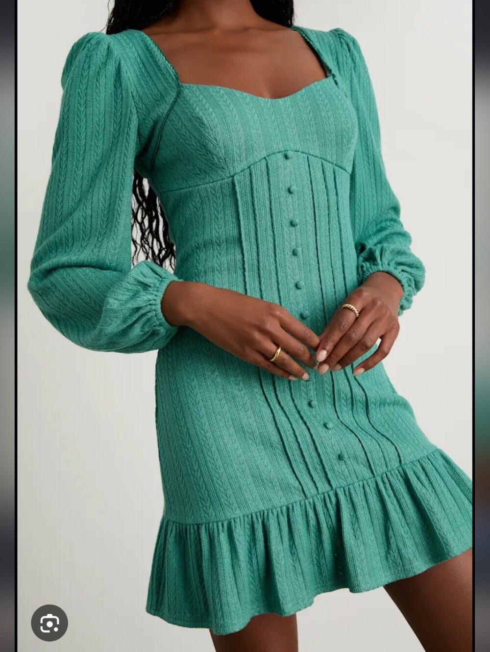 439-Nwt Lulu's Green Teal Long-Sleeve Button-Front Ruffle Mini Dress